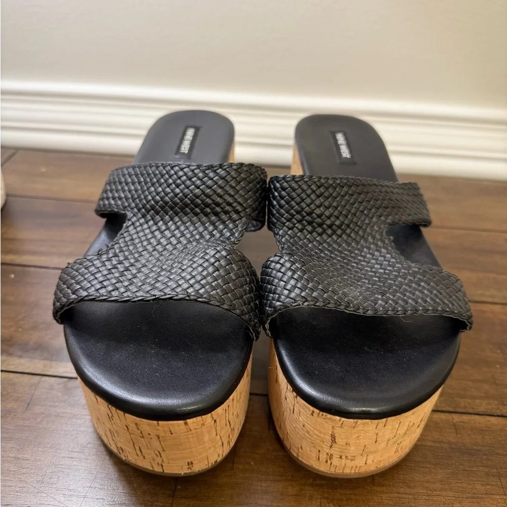 NEW Nine West Black Woven Cork Platform Sandals Size 10